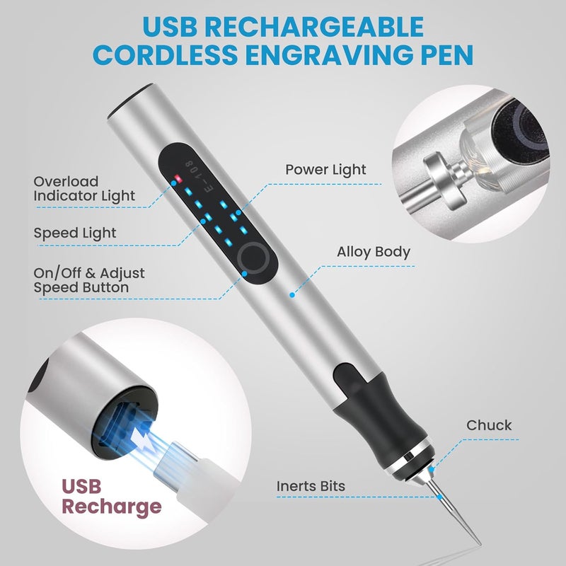 Timntts Electric Engraving Pen with 37 Bits, USB Rechargeable Cordless Etching Engraving Tool, Portable DIY Rotary Engraver for Jewelry Wood Glass Stone Carving (Silver) - Image 2